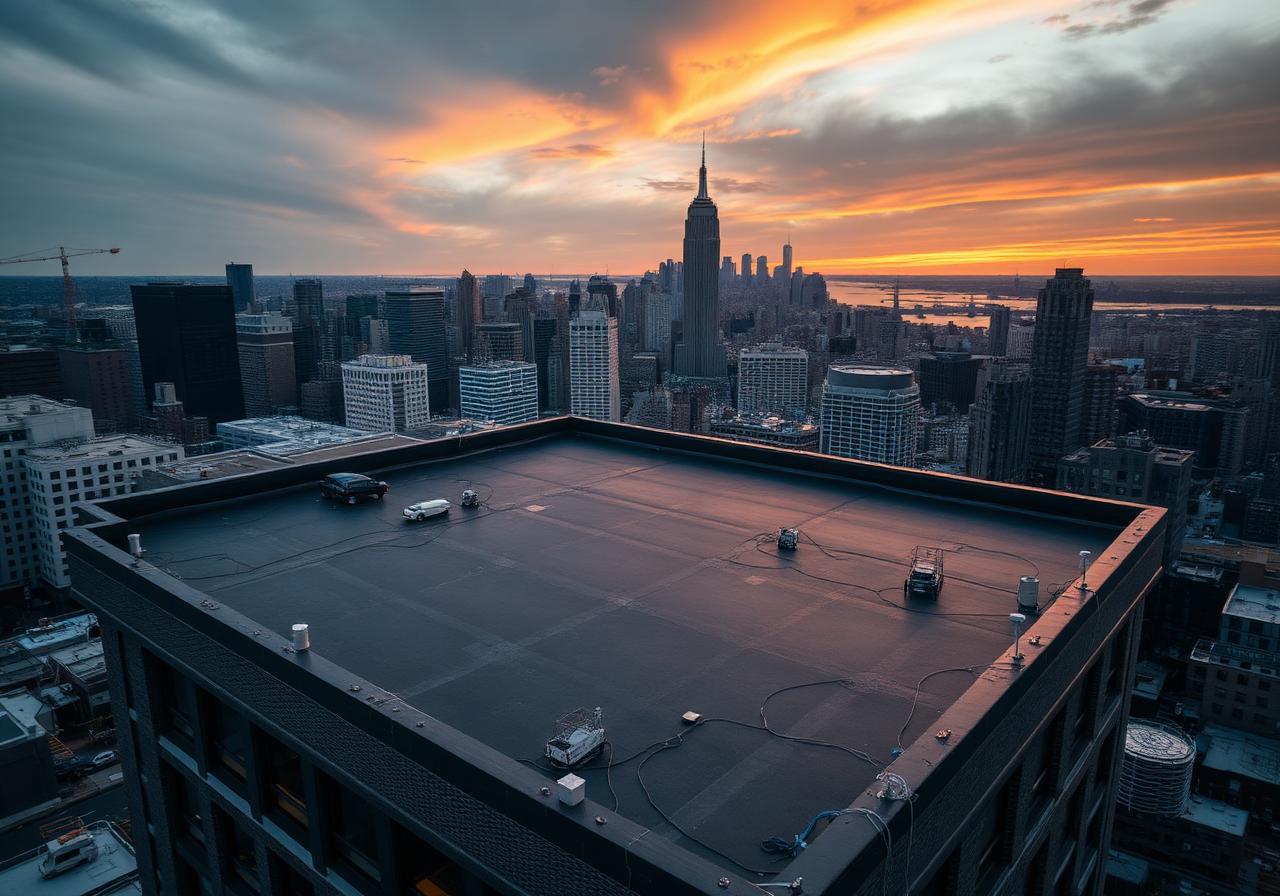 Aerial view of a freshly installed flat commercial roof with NYC skyline