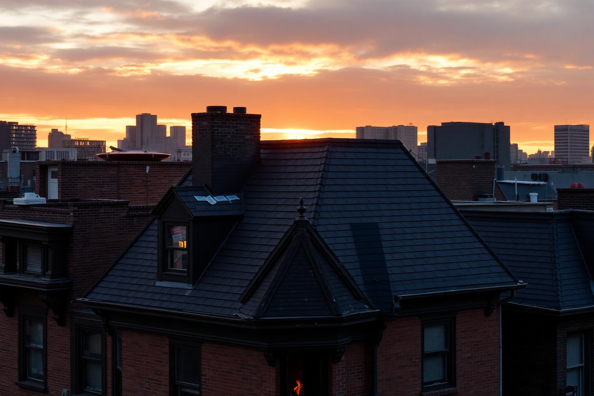 New York City rooftops at sunset with freshly installed shingles
